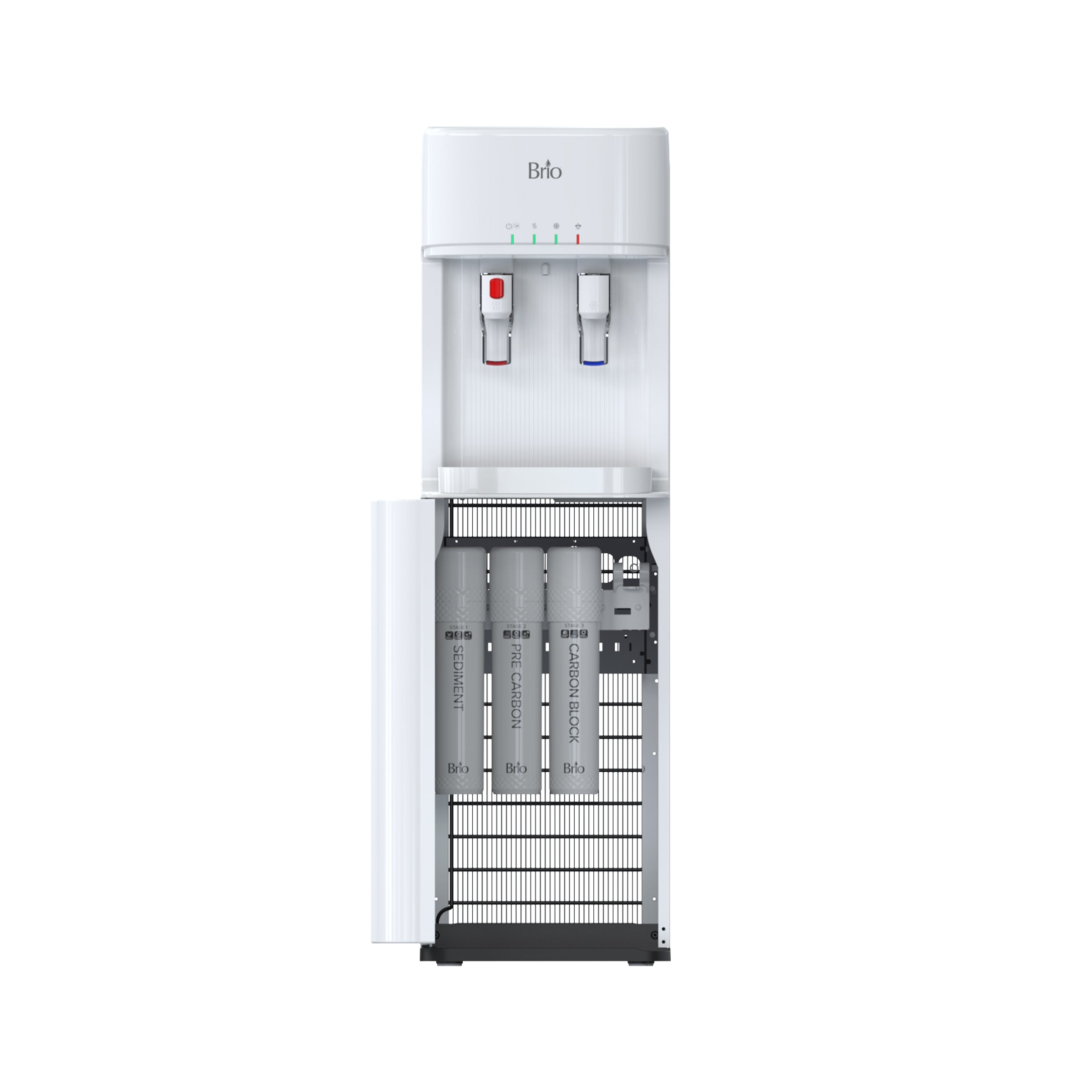 Brio cooler with lower door open showing three labeled filter cartridges