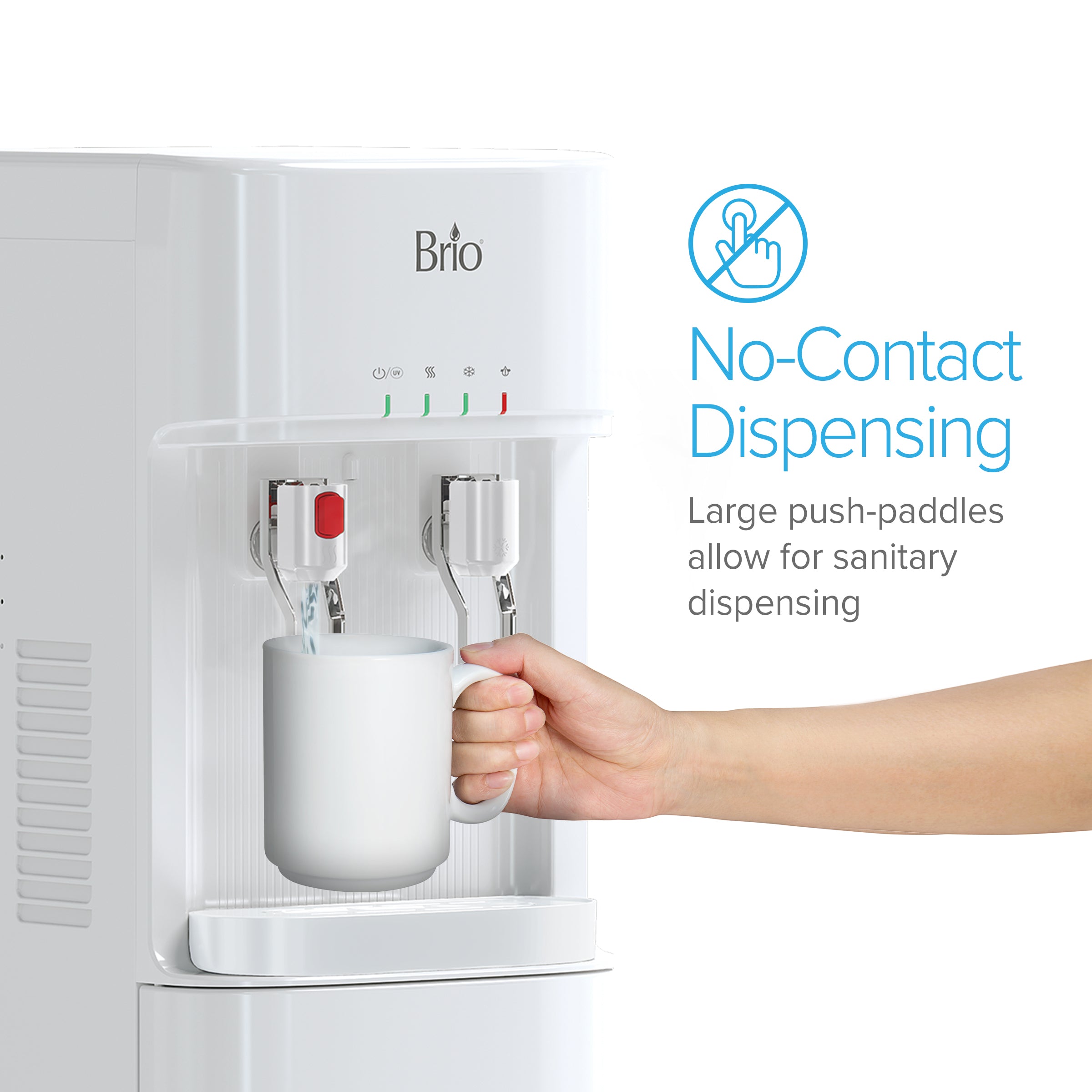 Hand pressing a mug against a Brio no-contact dispensing paddle
